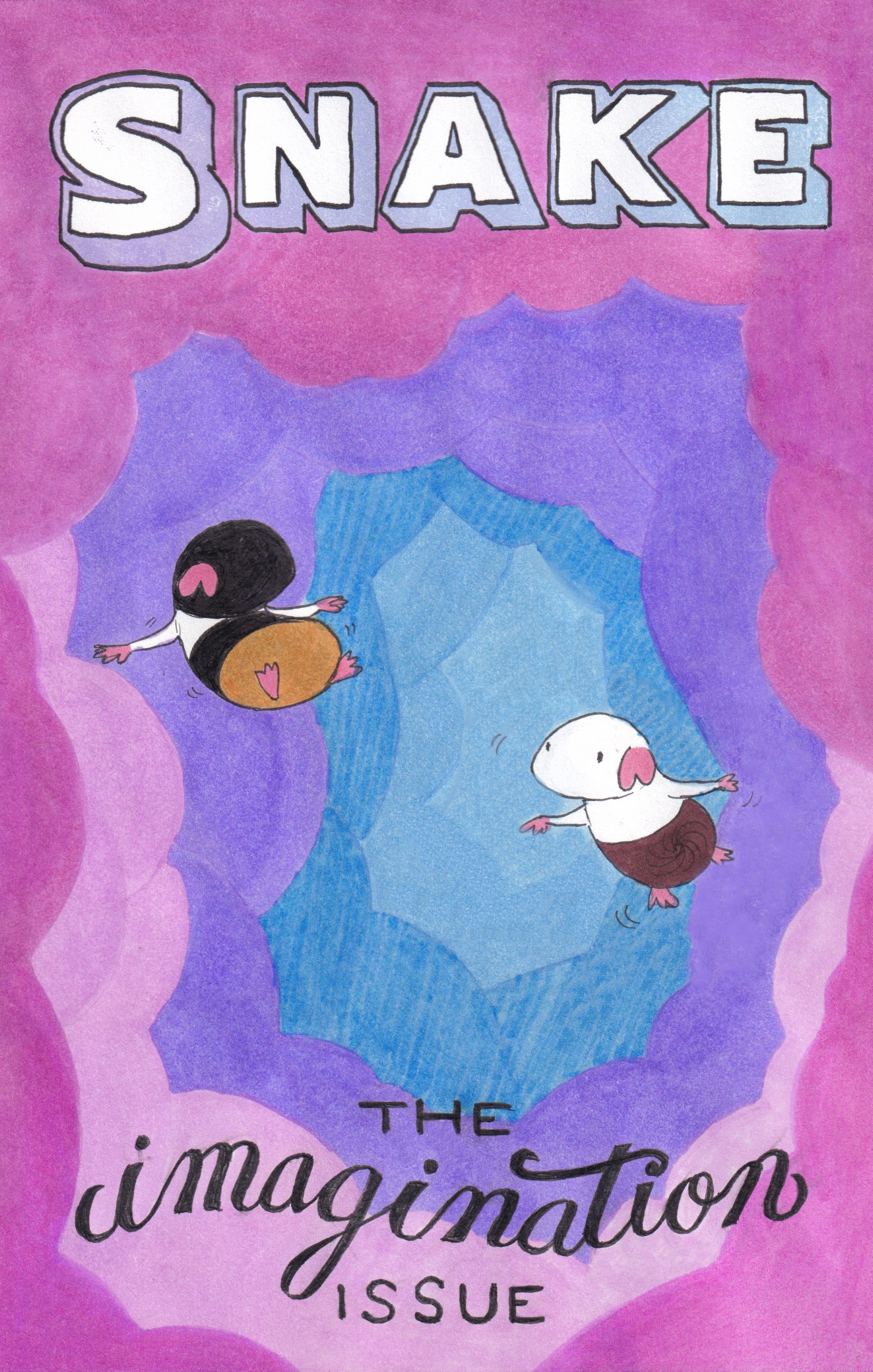 The cover of the Imagination Issue, showing two guinea pigs floating in an imaginary cloudy realm. The clouds are colored in different shades of pinks, purples, and blues. At the top of the page is the word 