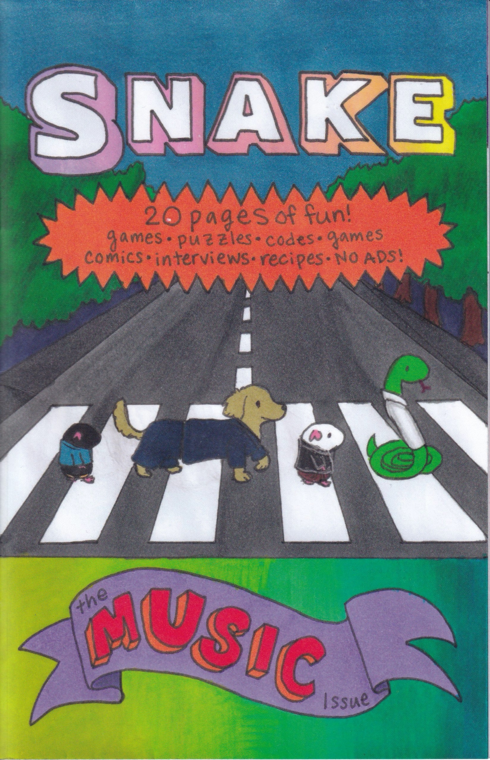 The cover of the Music Issue, showing two guinea pigs, a dachshund, and a snake crossing Abbey Road. All the animals are in suits. Beneath the picture are the words 