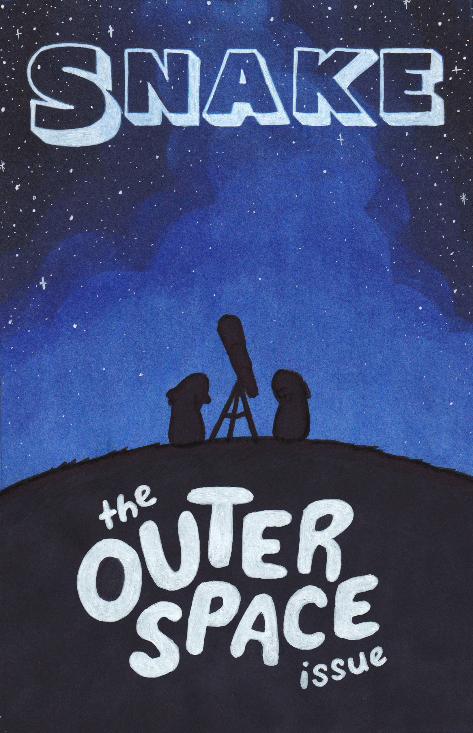The cover of the Outer Space Issue, showing two guinea pigs silhouetted on a hill with a telescope. Behind the guinea pigs is a starry blue night sky. At the top of the page is the word 