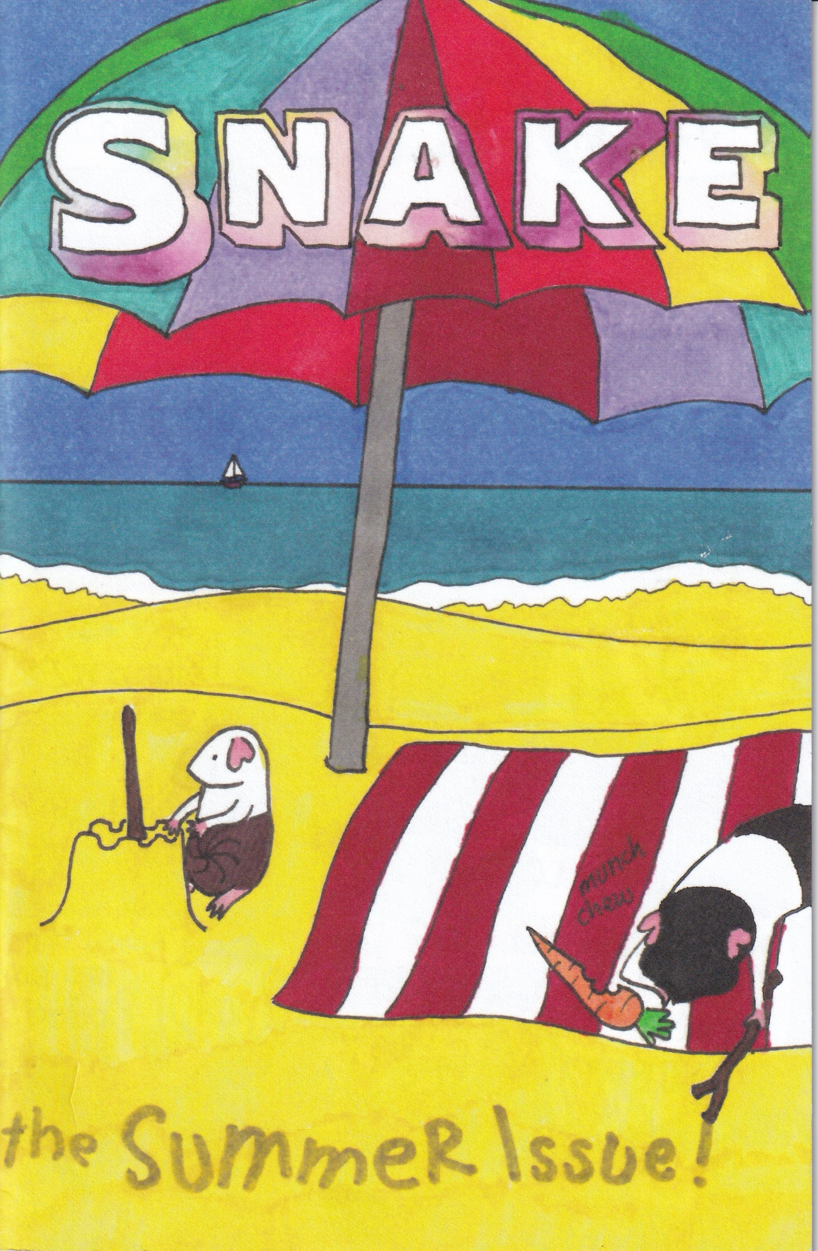 The cover of the Summer Issue, showing two guinea pigs lounging on a beach under a colorful umbrella.