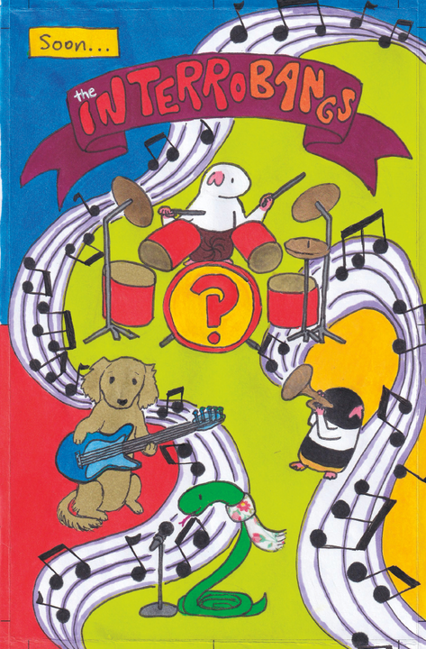 Rumple, Granola, Snakey, and Fern are playing instruments on a colorful background. Music notes are flowing all around them, and at the top of the picture, there is a banner with the name of the band, 