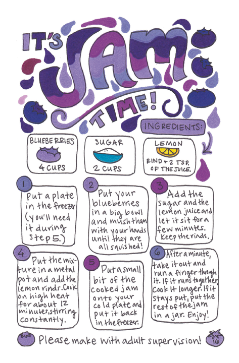 Instructions for how to make jam with blueberries, including a colorful blue and purple title at the top saying, 