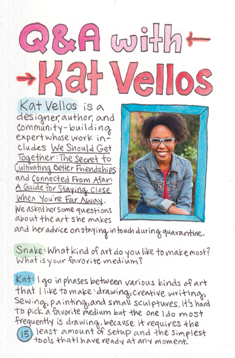 An interview with author Kat Vellos. At the top, a pink and red title says 